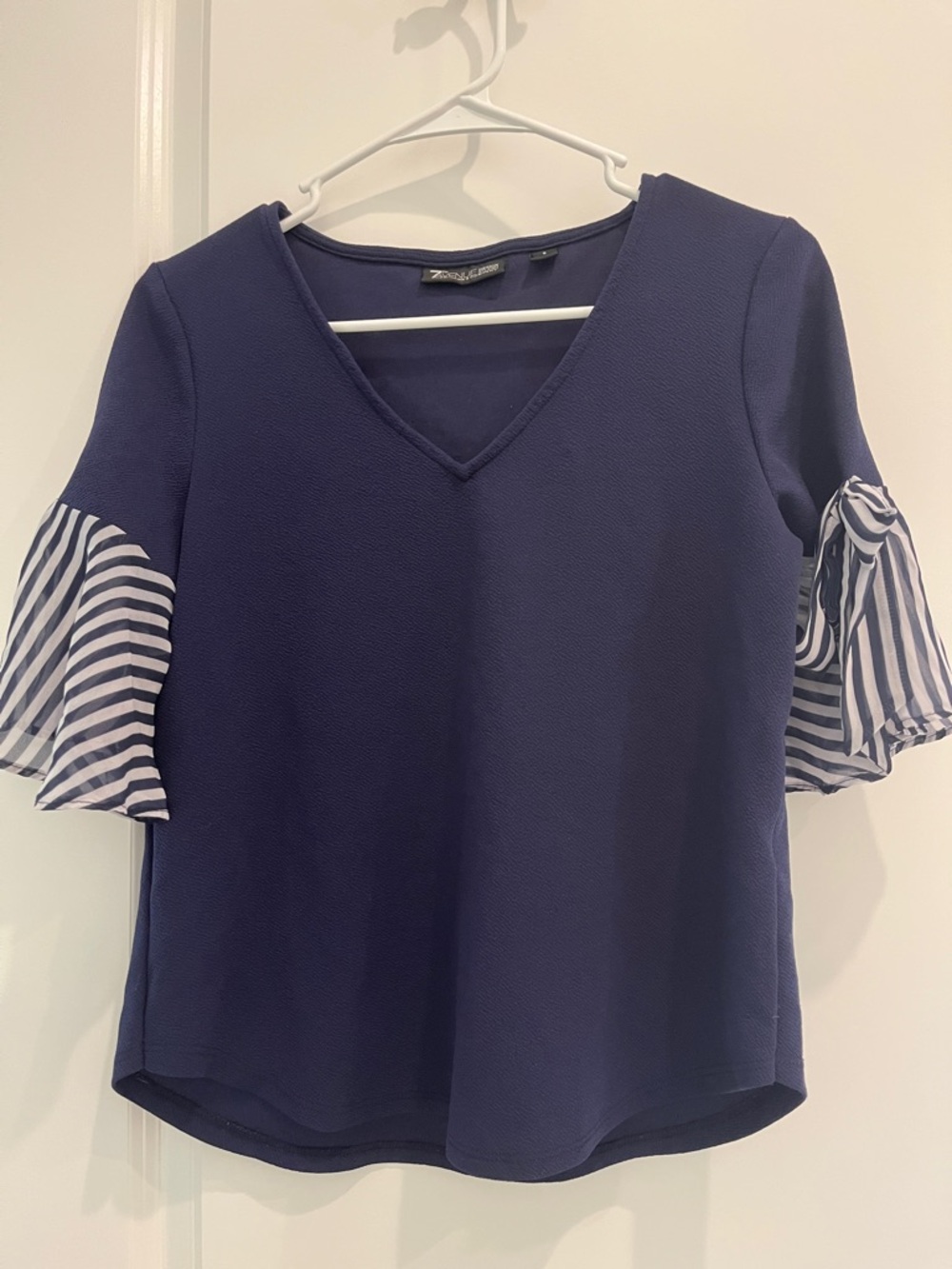 Textured Navy V-Neck Blouse with Striped Flutter Sleeves